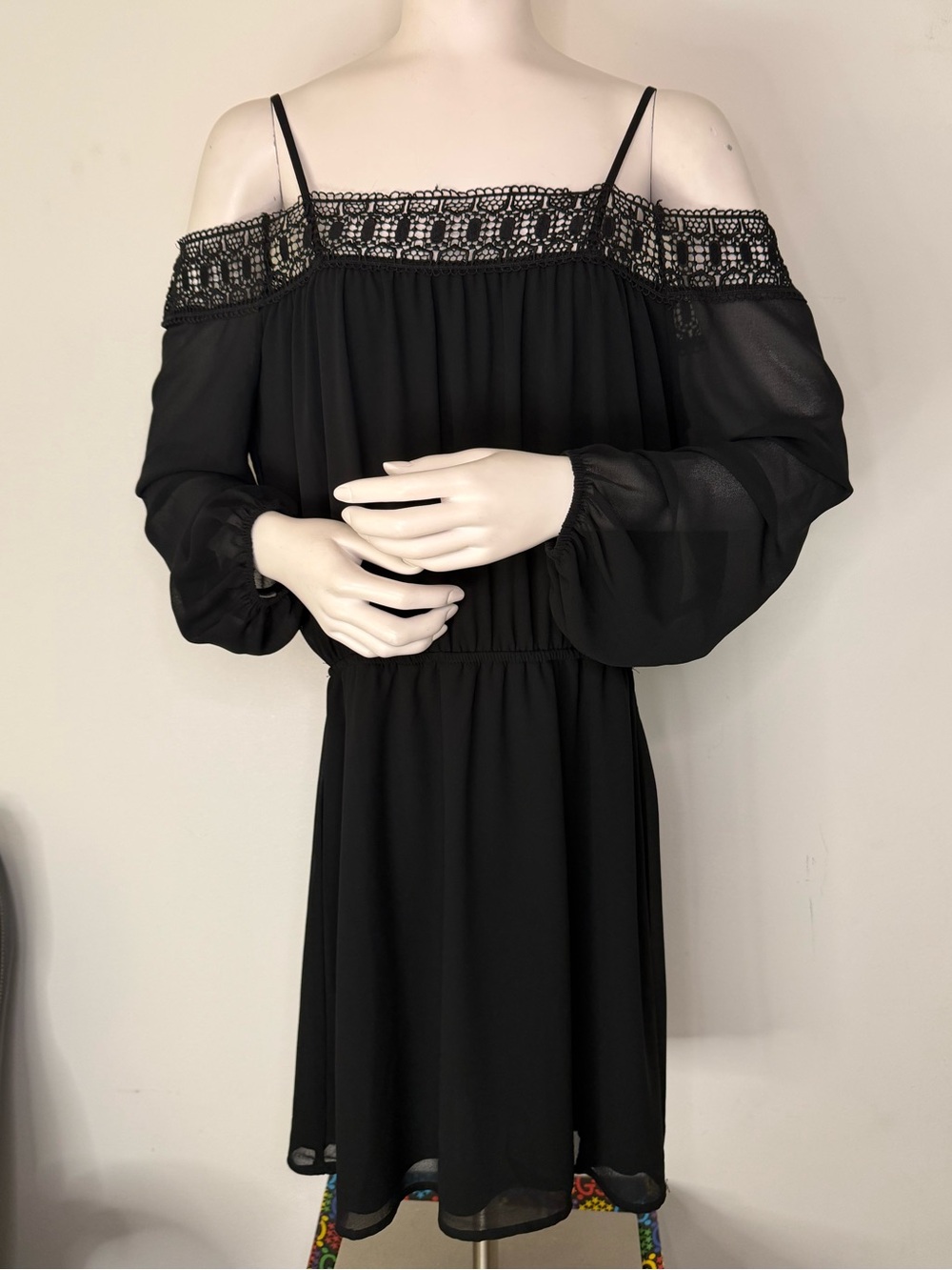 Charming Charlie Black Off-Shoulder Lace Yoke Long Sleeve Dress